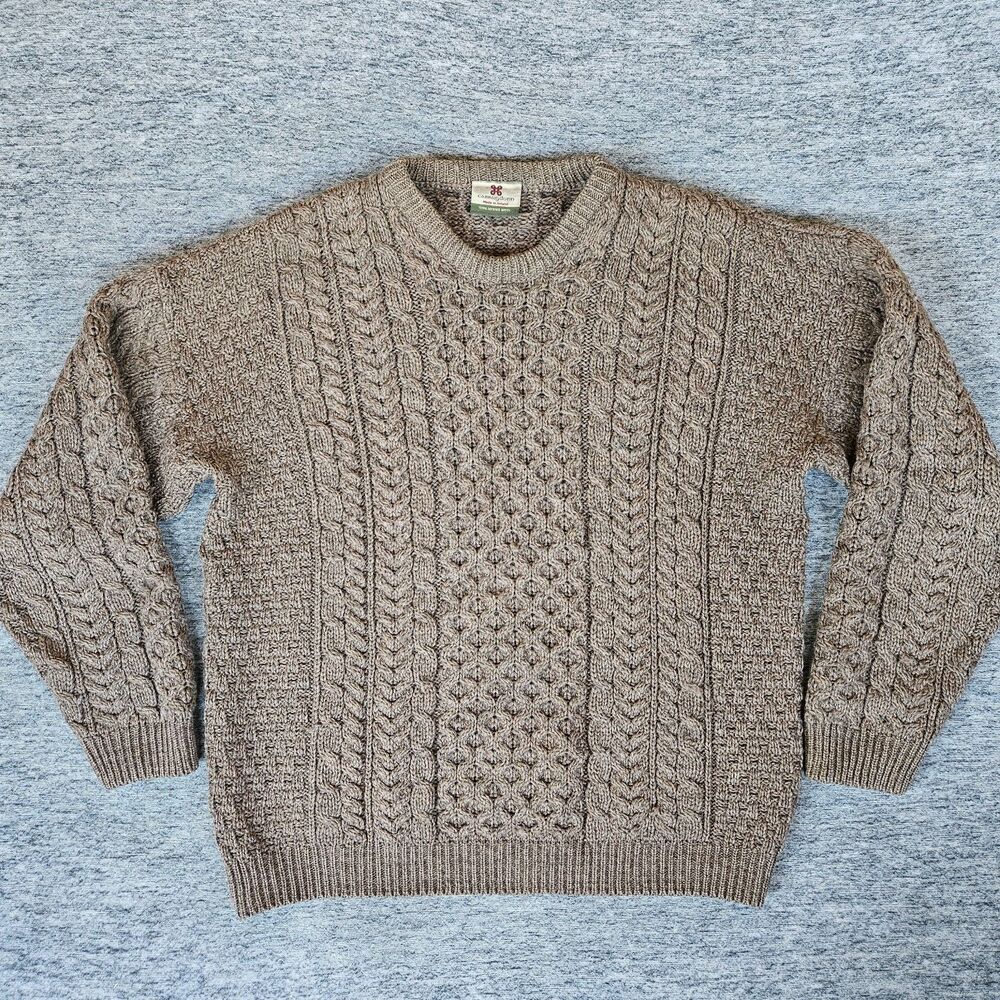Carraig Donn Sweater Irish Fishermen Merino Wool Chunky Cable Knit Brown Men's L